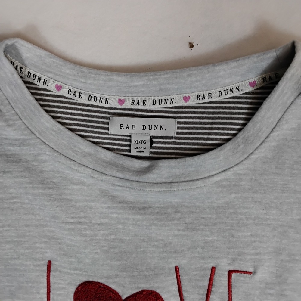 Rae Dunn Womens Gray "LOVE." Long Sleeve Top Heart Graphic Striped Cuffs XL - Picture 2 of 4